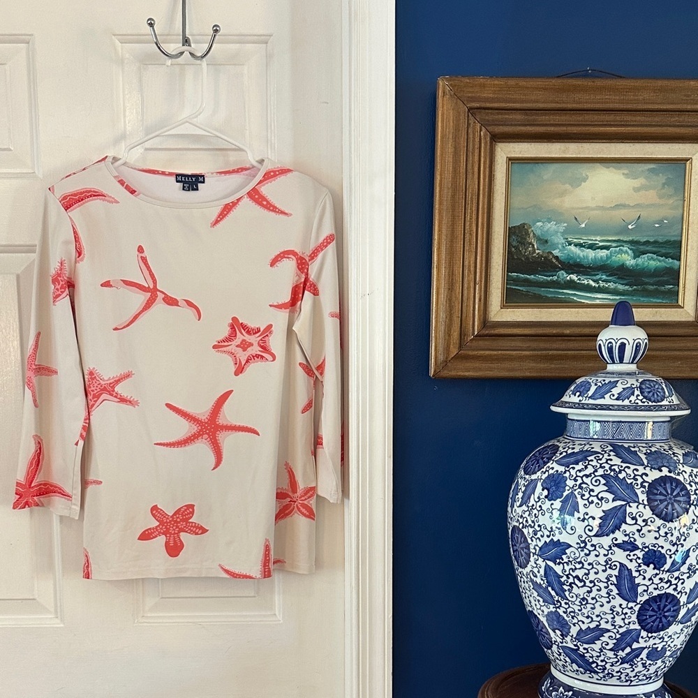 Women’s Melly M Nylon & Spandex Coral Color Starfish 3/4 Sleeve Top Size Large